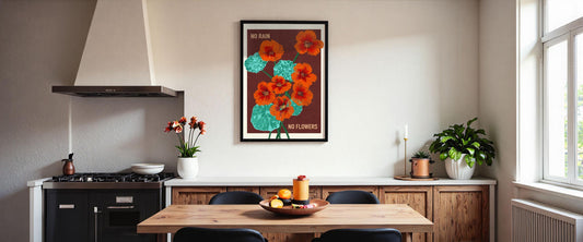 Retro Floral Art Print: 'No Rain No Flowers' Kitchen Wall Decor