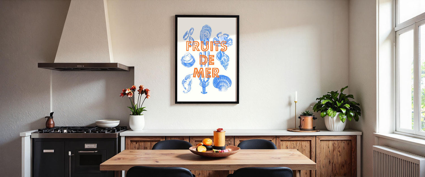 Fruits de Mer Watercolor Wall Art: Retro Seafood Kitchen Wall Decor, Poster