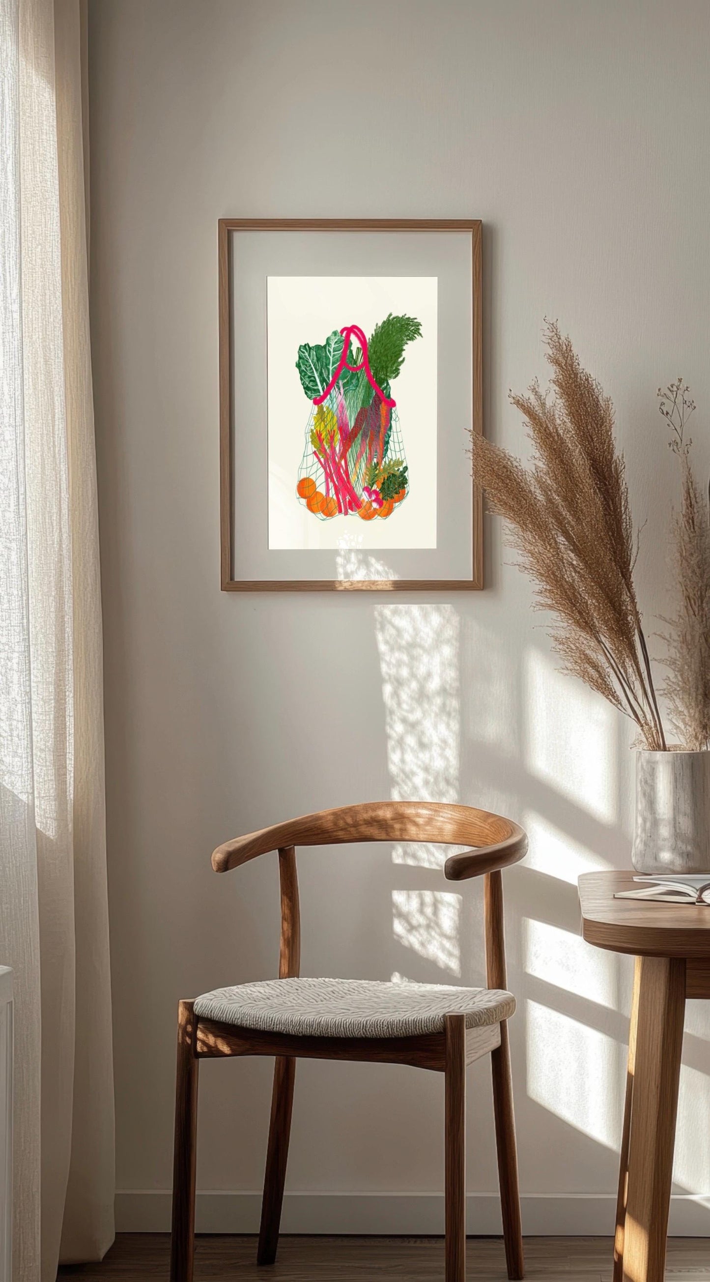 Pink Vegetable Shopping Bag Print: Retro Foodie Kitchen Art, Wall Art, Home decor, Poster