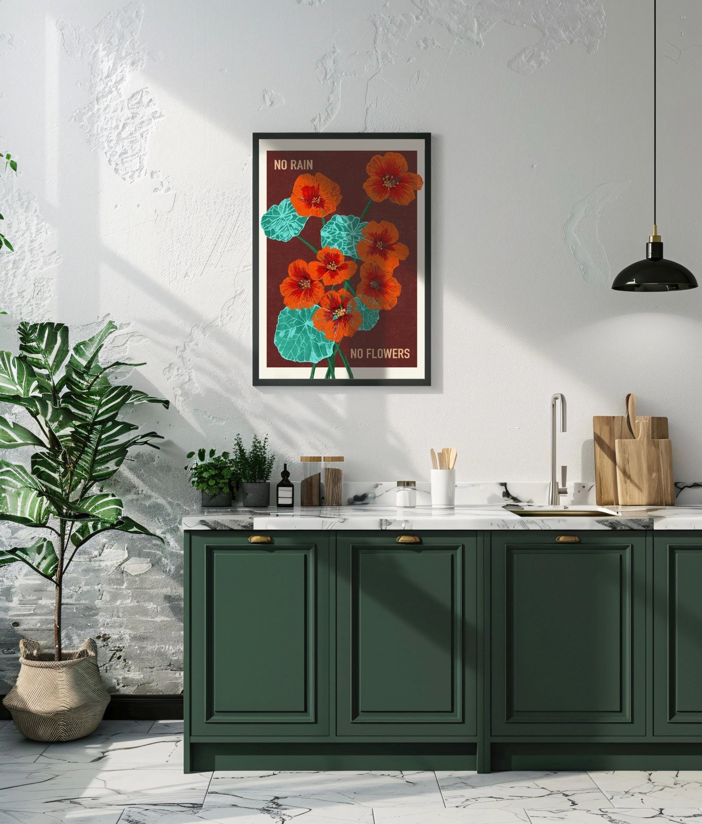 Retro Floral Art Print: 'No Rain No Flowers' Kitchen Wall Decor