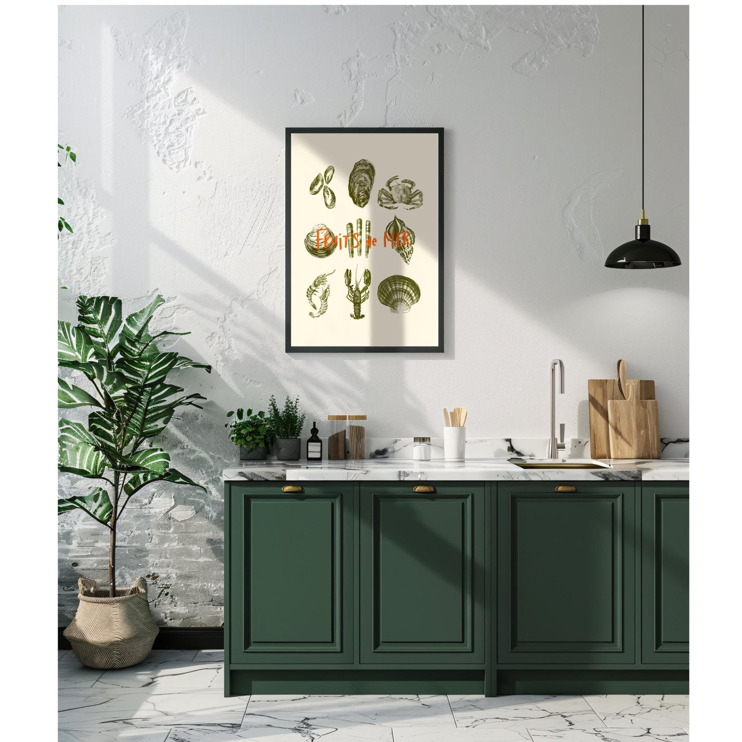 Fruits de Mer Watercolor Print: Retro Seafood Kitchen Wall Decor, Food poster