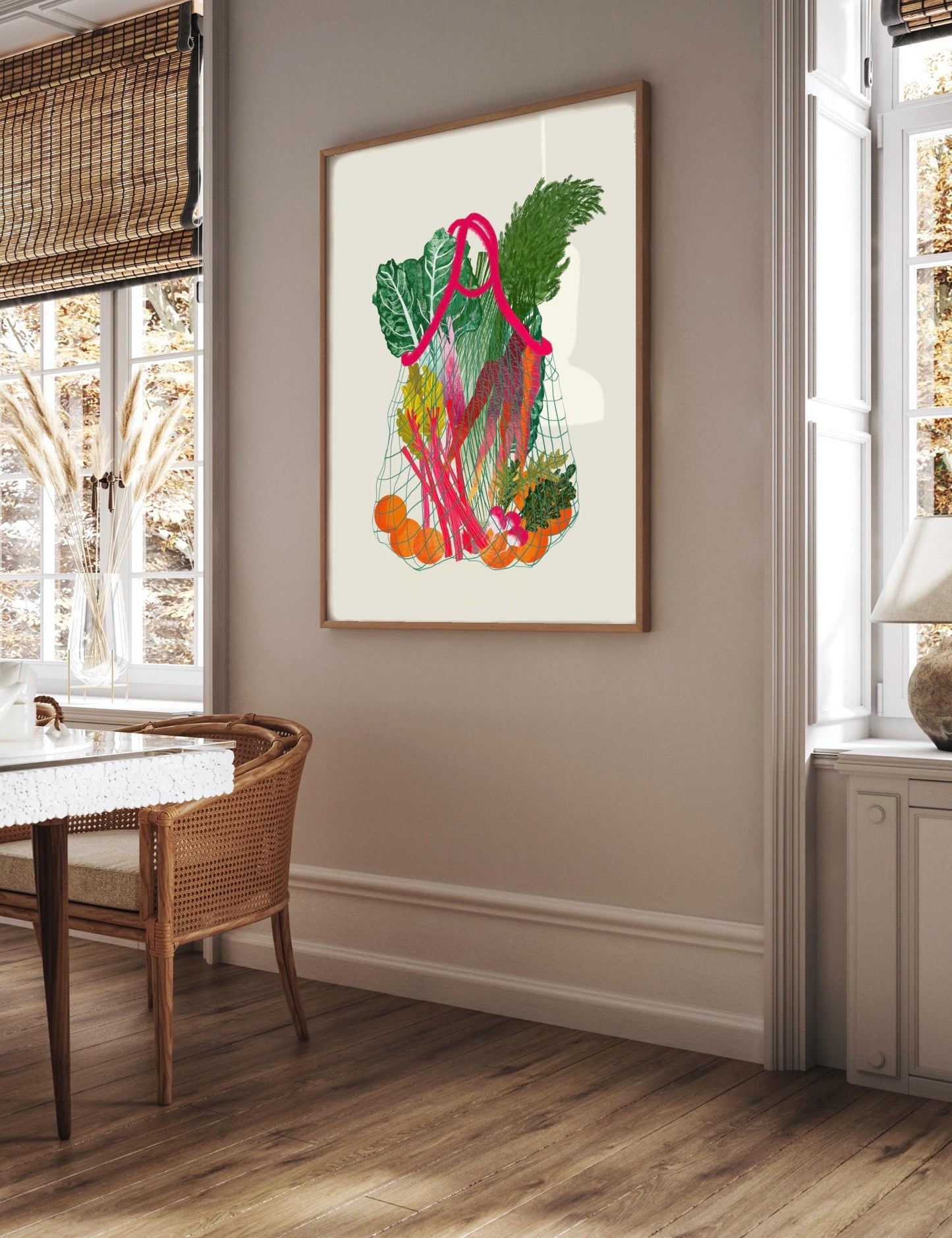 Pink Vegetable Shopping Bag Print: Retro Foodie Kitchen Art, Wall Art, Home decor, Poster