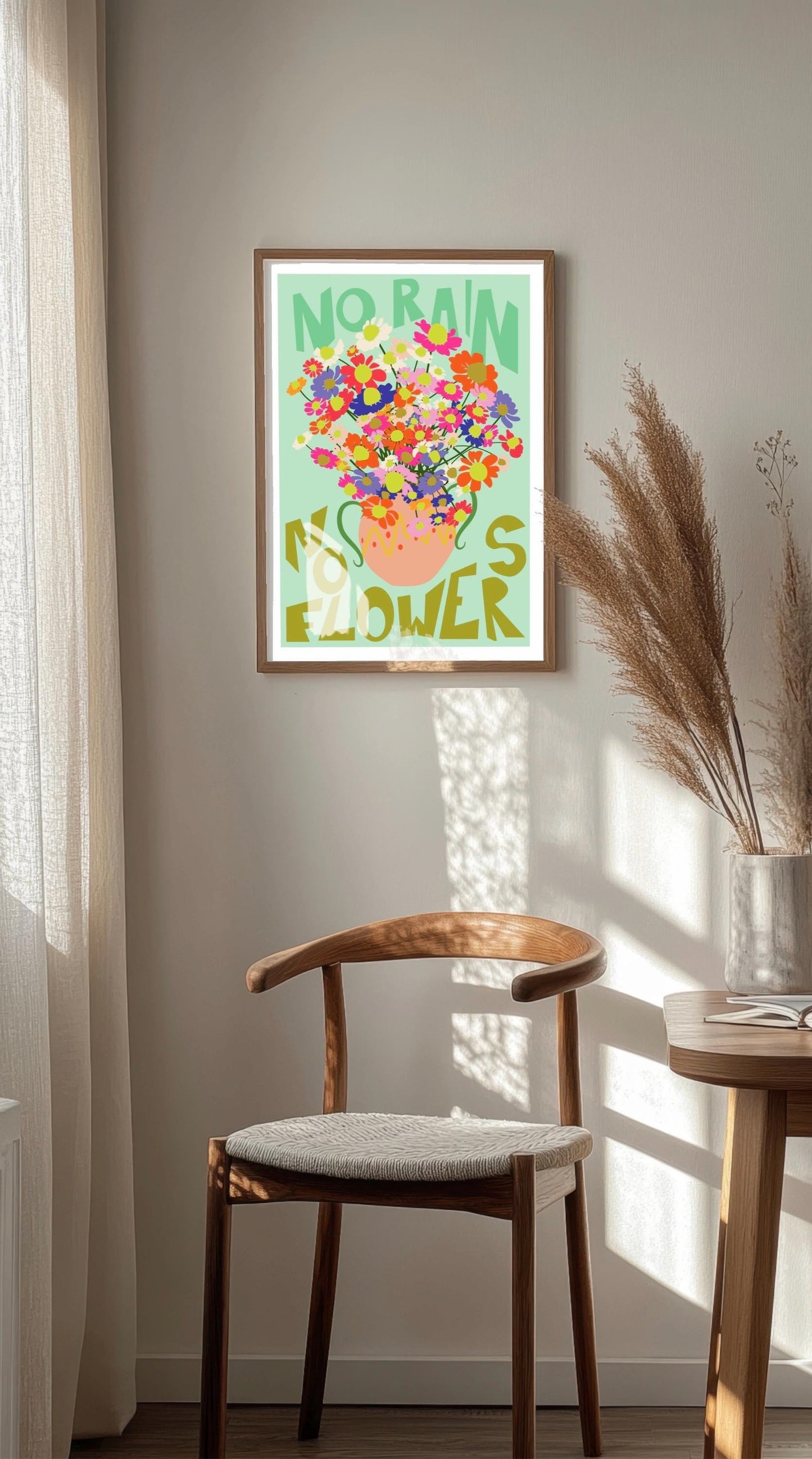 No Rain No Flowers Print: Positive Quote, Colorful Wall Art, Poster