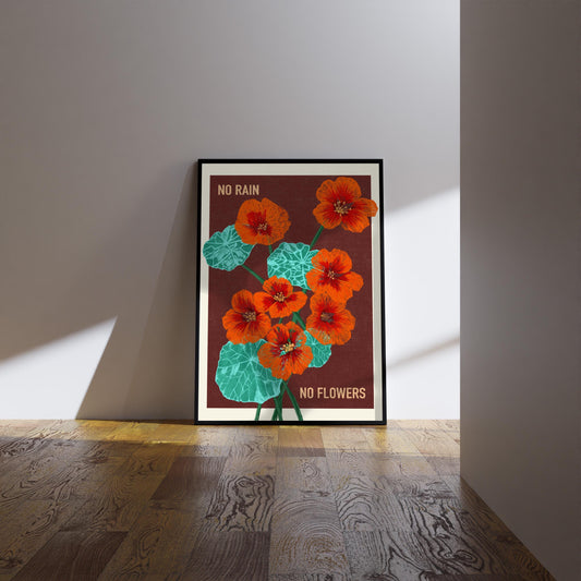 Retro Floral Art Print: 'No Rain No Flowers' Kitchen Wall Decor