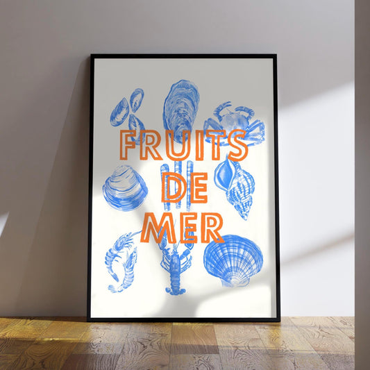 Fruits de Mer Watercolor Wall Art: Retro Seafood Kitchen Wall Decor, Poster