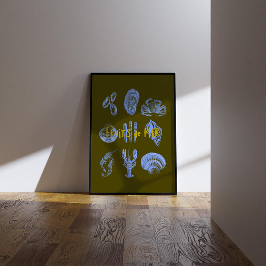 Fruits de Mer Watercolor Print: Retro Seafood Kitchen Wall Decor, Food poster