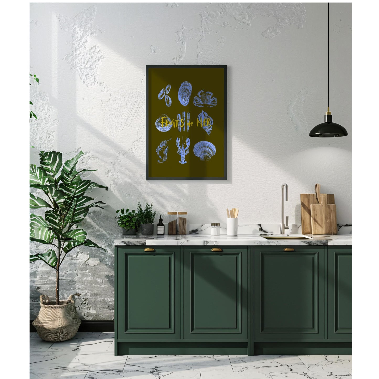 Fruits de Mer Watercolor Print: Retro Seafood Kitchen Wall Decor, Food poster