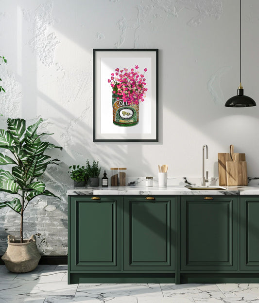 Flower Art Print: Golden Syrup Tin, Foodie Kitchen Decor, Gardener, Wall Art Poster