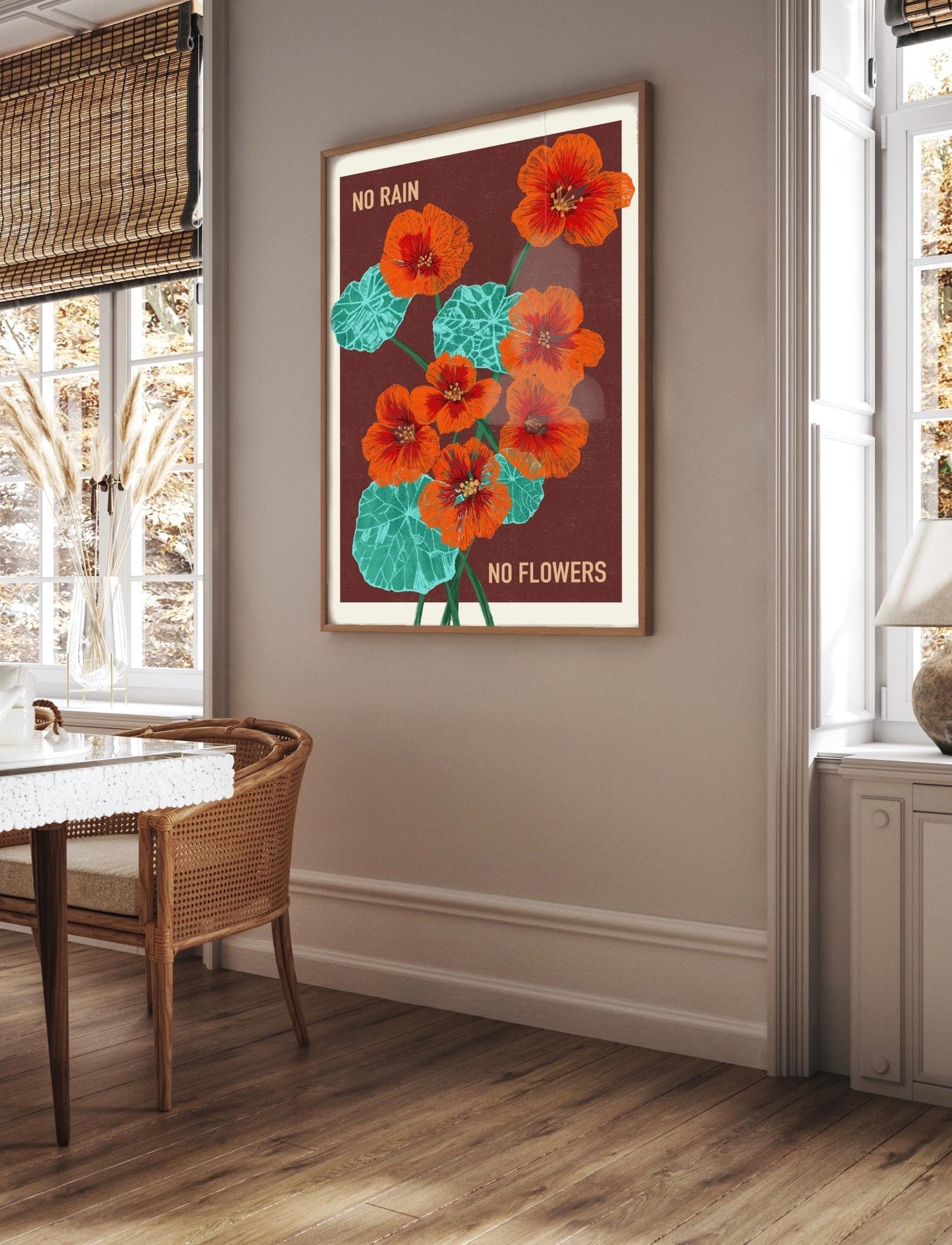 Retro Floral Art Print: 'No Rain No Flowers' Kitchen Wall Decor