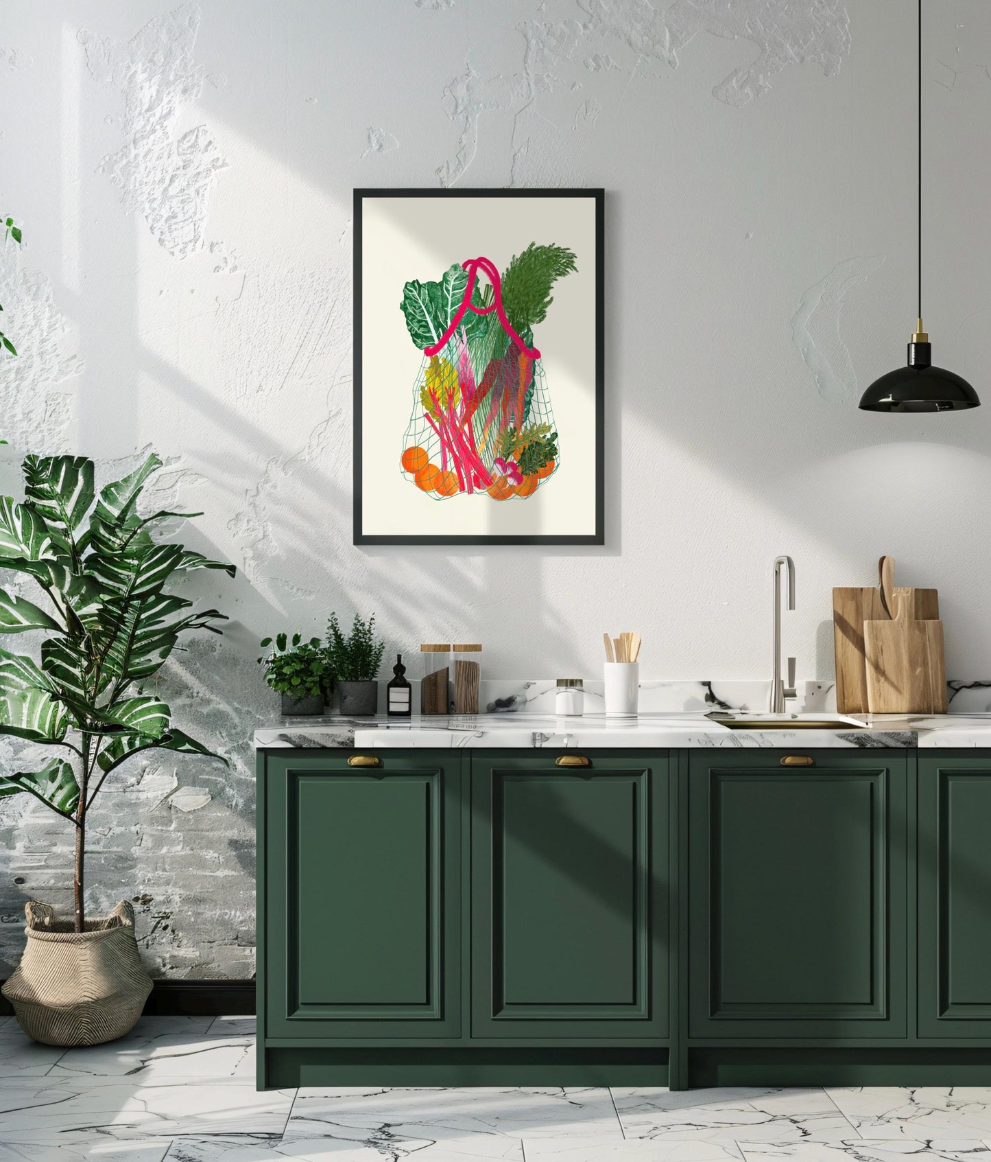 Pink Vegetable Shopping Bag Print: Retro Foodie Kitchen Art, Wall Art, Home decor, Poster