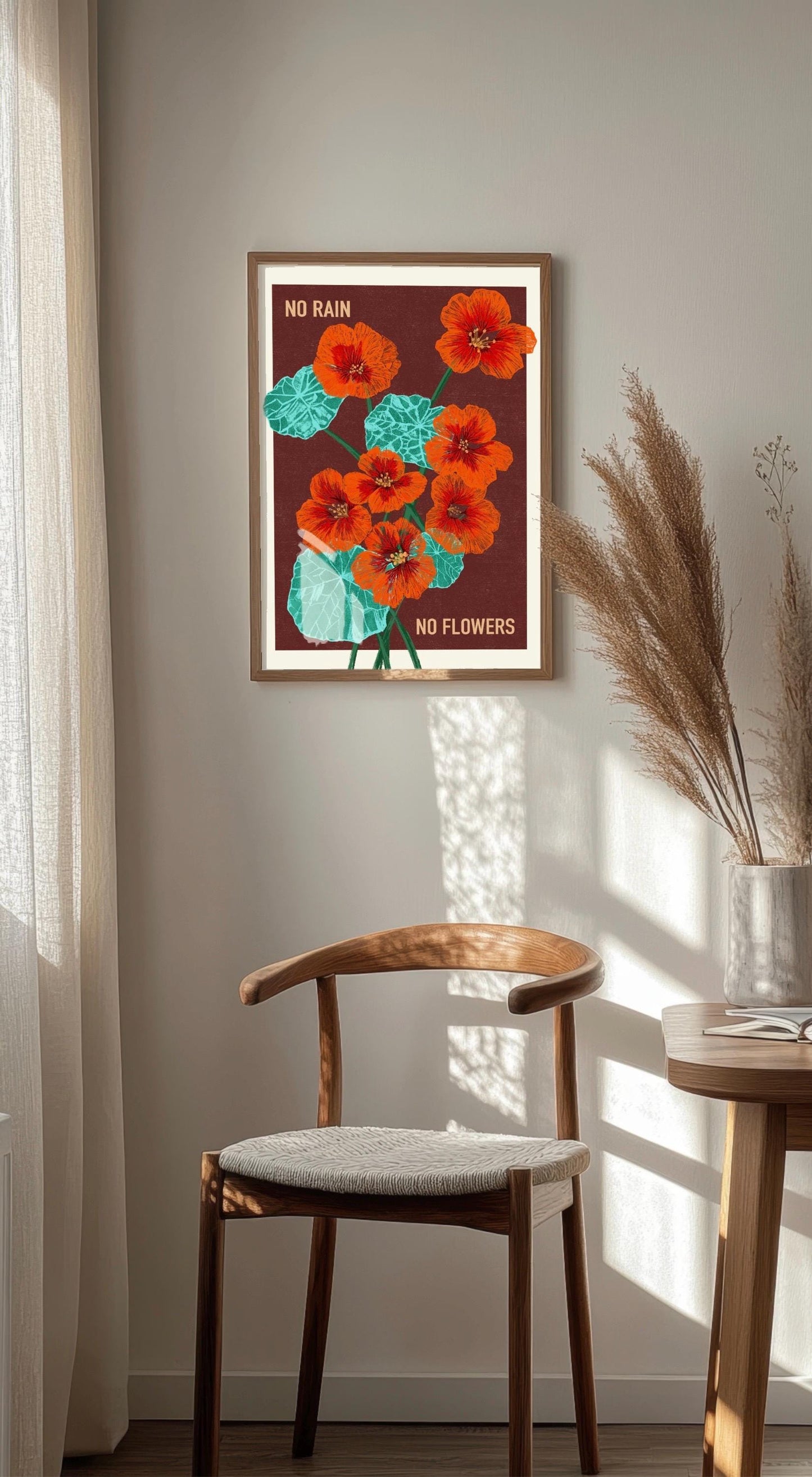 Retro Floral Art Print: 'No Rain No Flowers' Kitchen Wall Decor