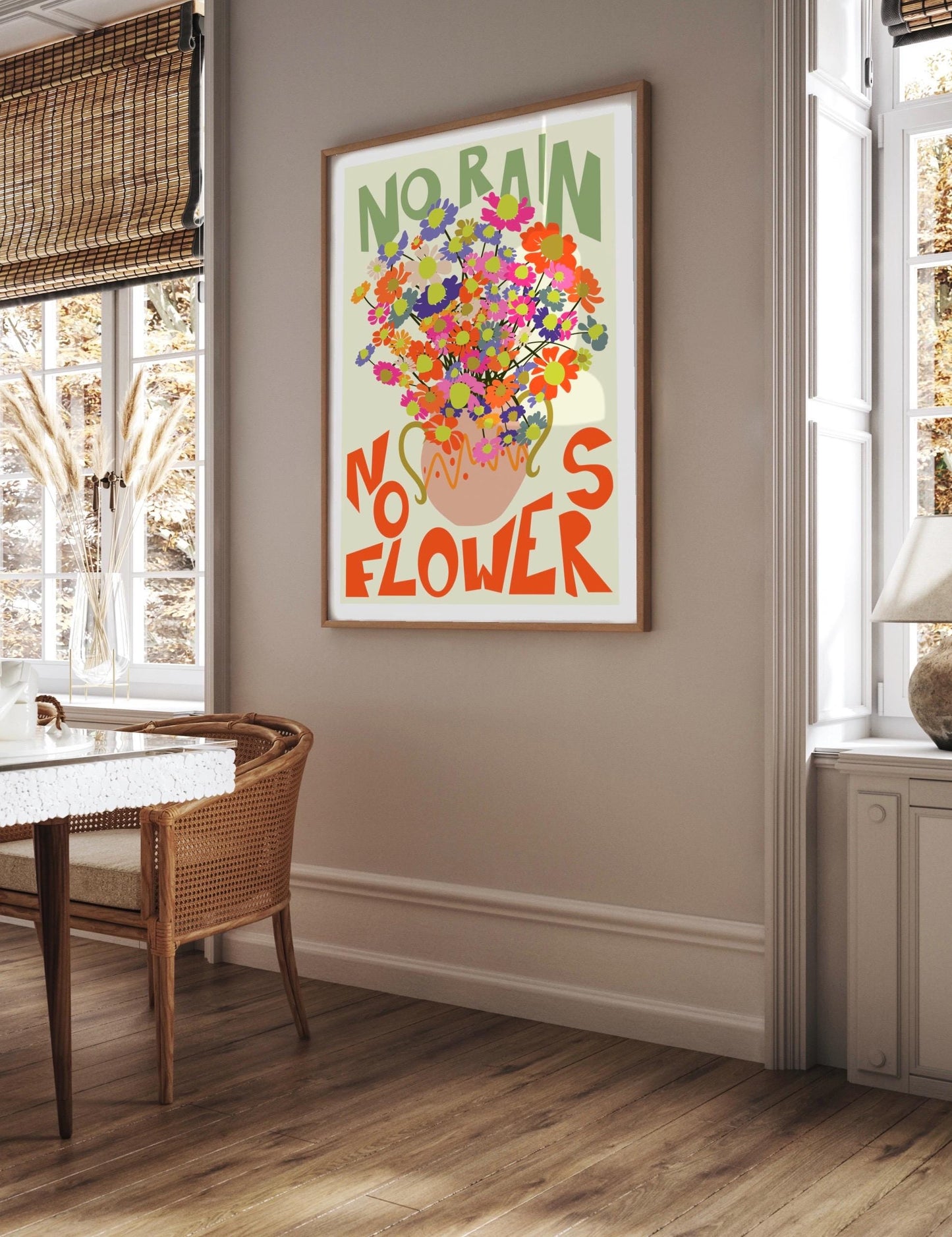 No Rain No Flowers Print: Positive Quote, Colorful Wall Art, Poster