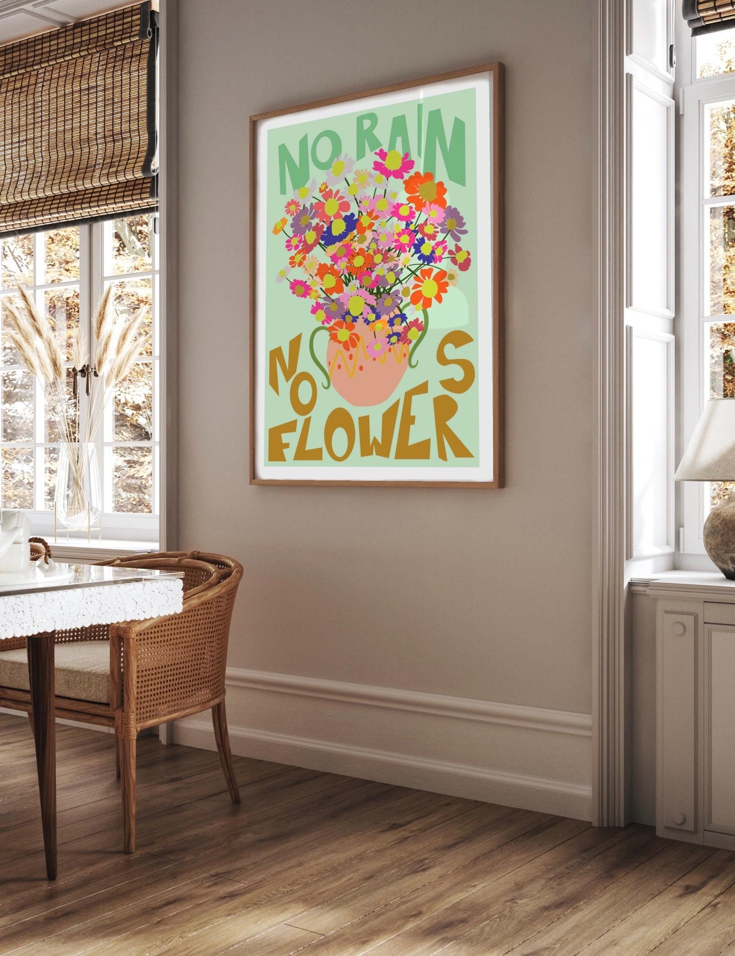 No Rain No Flowers Print: Positive Quote, Colorful Wall Art, Poster