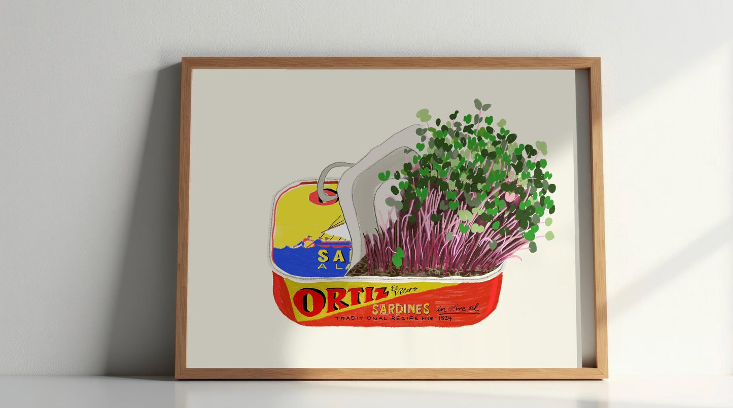 Sardine Tin Microgreen Art Print: Retro Kitchen Wall Decor