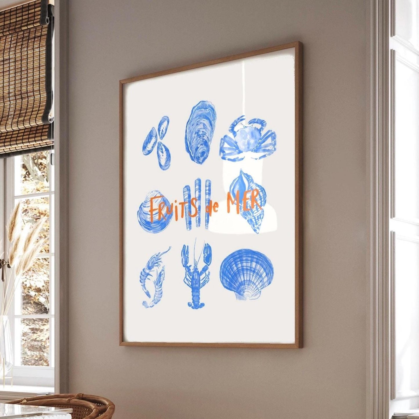 Fruits de Mer Watercolor Print: Retro Seafood Kitchen Wall Decor, Food poster