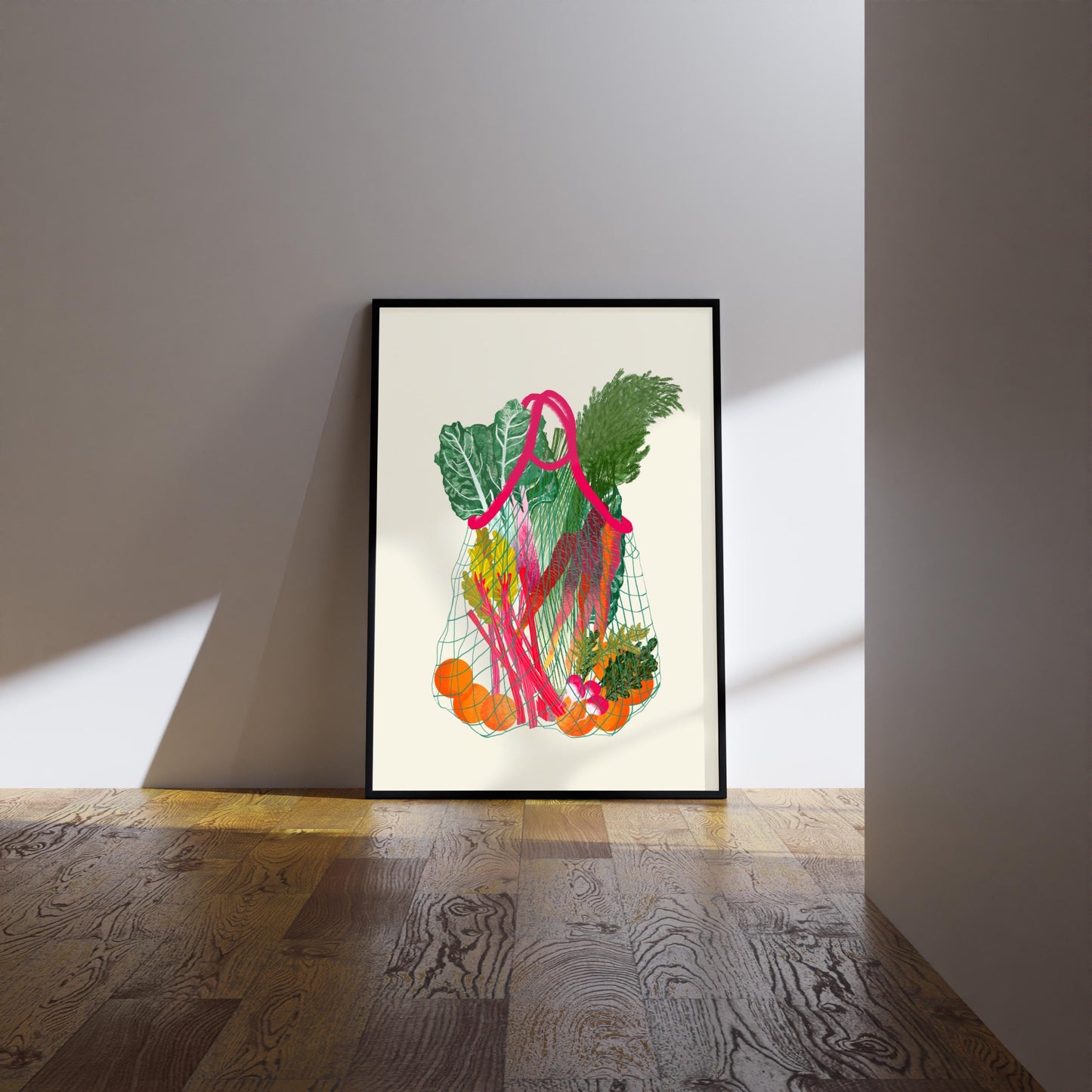 Pink Vegetable Shopping Bag Print: Retro Foodie Kitchen Art, Wall Art, Home decor, Poster