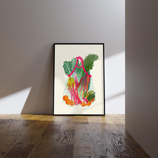 Pink Vegetable Shopping Bag Print: Retro Foodie Kitchen Art, Wall Art, Home decor, Poster