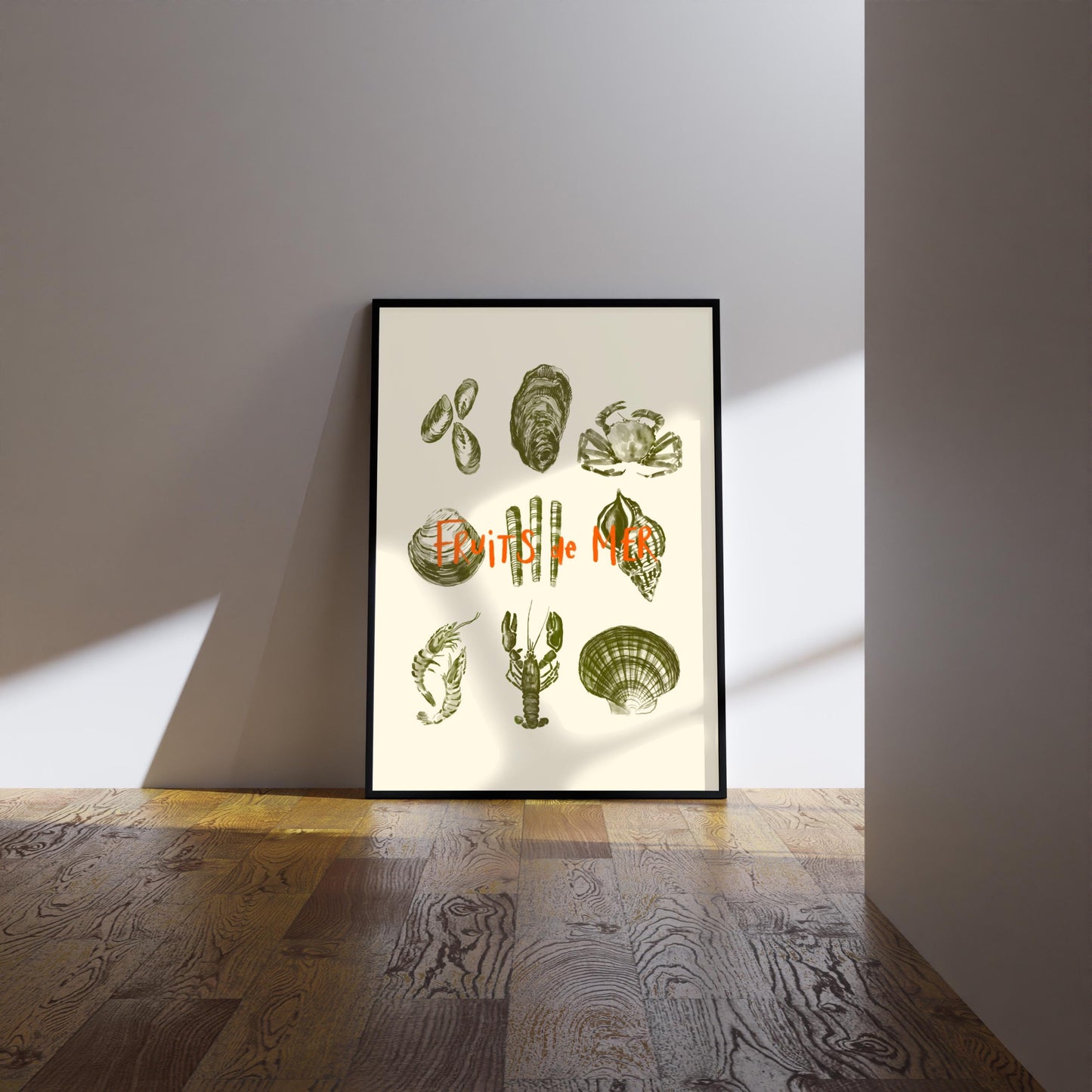 Fruits de Mer Watercolor Print: Retro Seafood Kitchen Wall Decor, Food poster