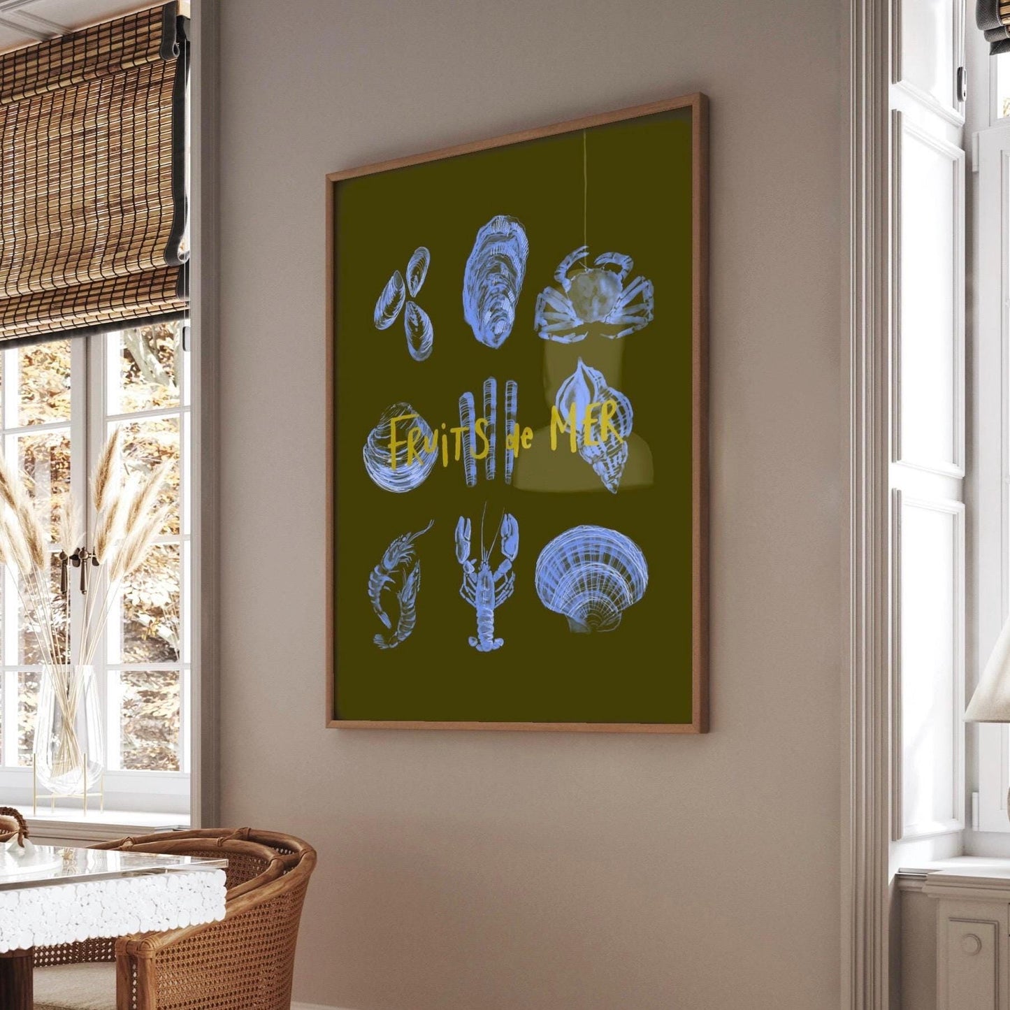 Fruits de Mer Watercolor Print: Retro Seafood Kitchen Wall Decor, Food poster