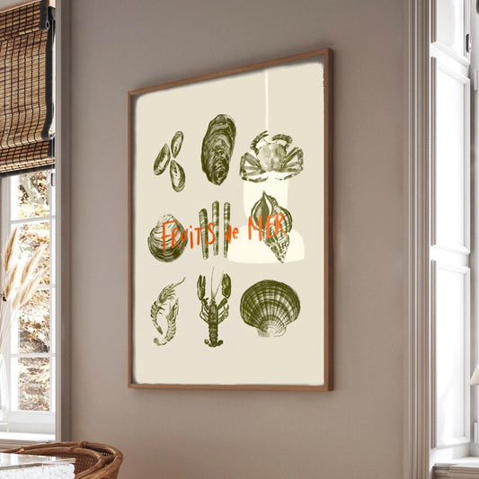 Fruits de Mer Watercolor Print: Retro Seafood Kitchen Wall Decor, Food poster