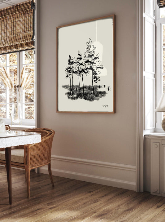 Pines Charcoal Art Print: Forest Wall Poster