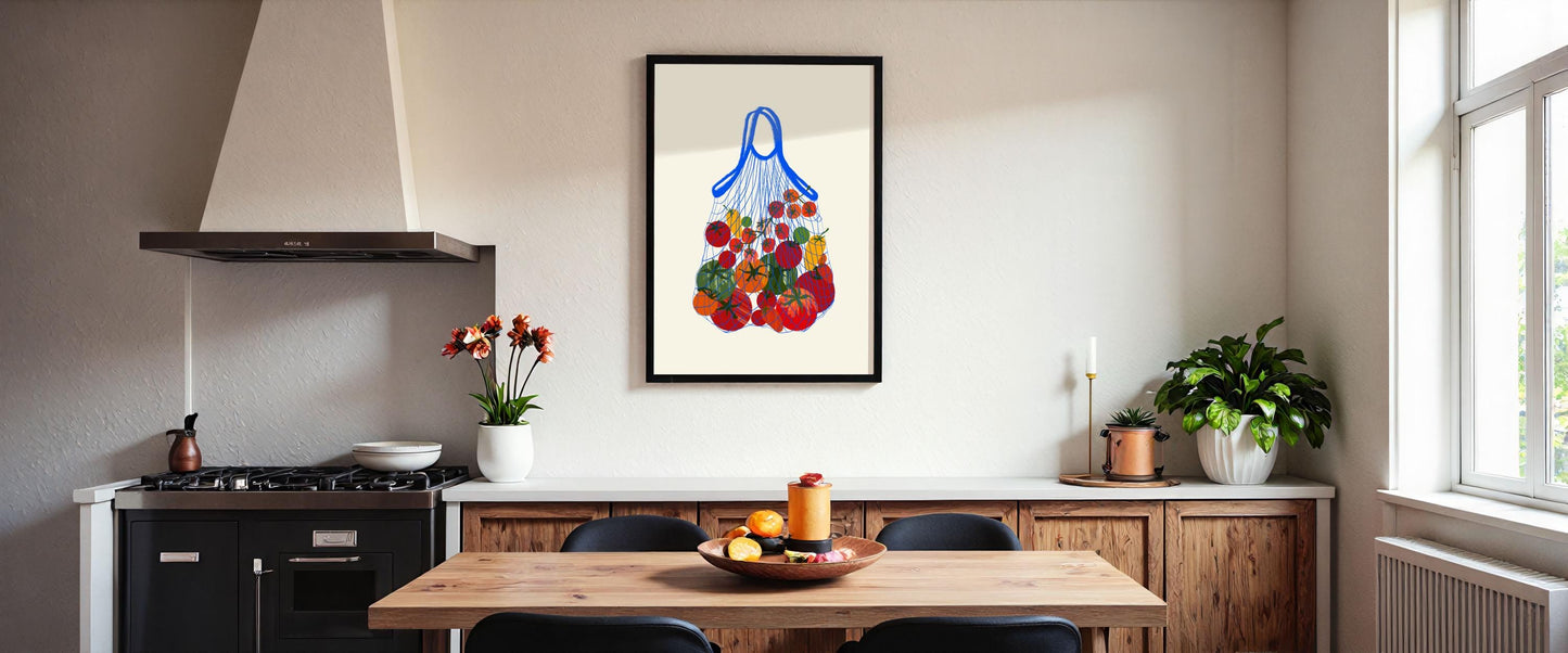 Tomato Vine Shopping Bag Print: Retro Foodie Kitchen Wall Art
