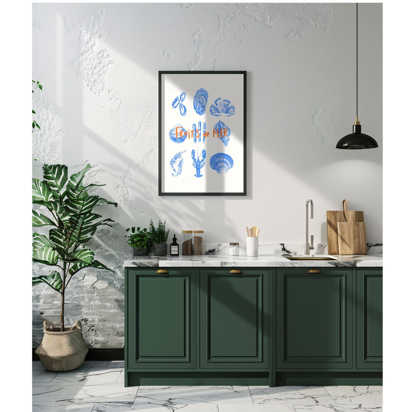 Fruits de Mer Watercolor Print: Retro Seafood Kitchen Wall Decor, Food poster