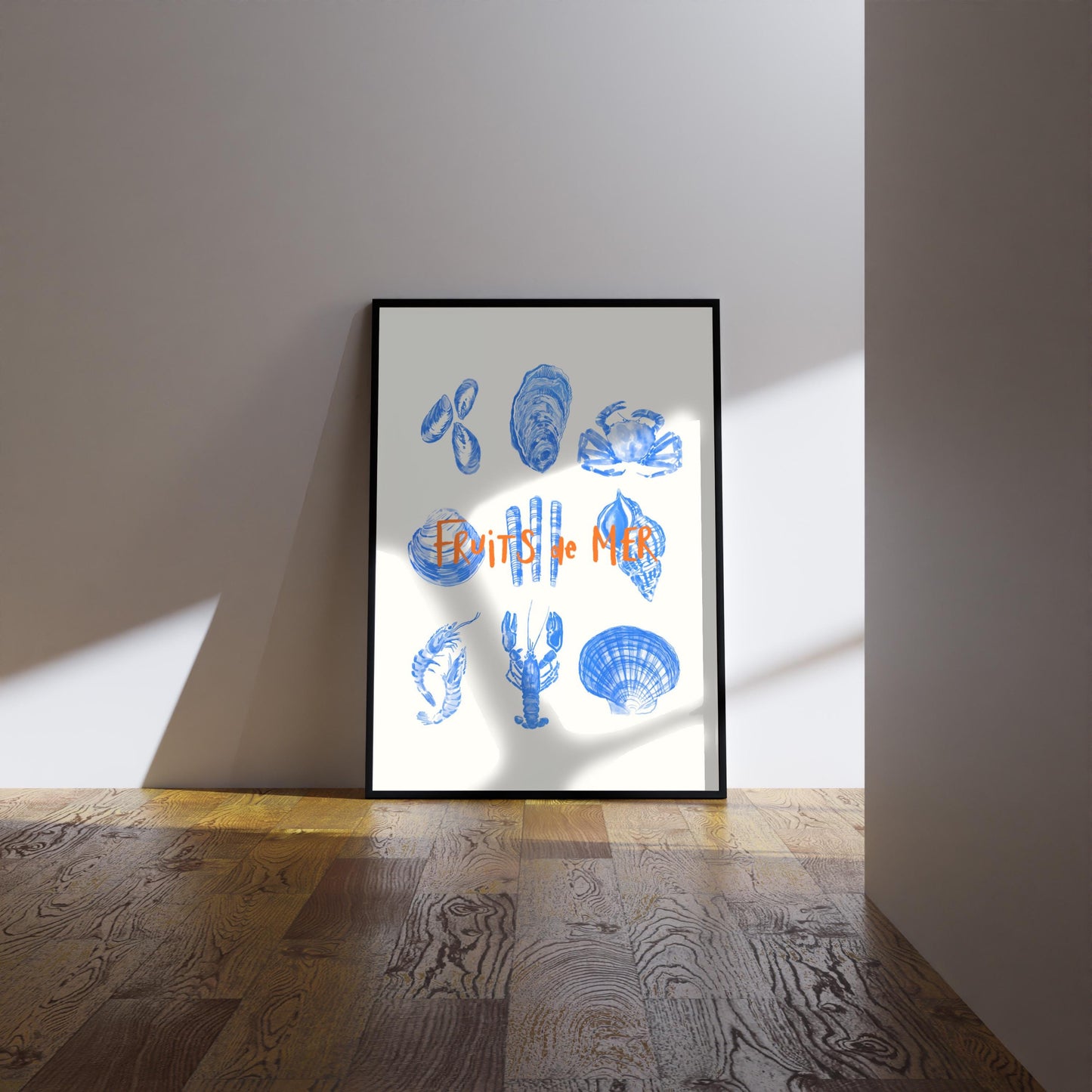 Fruits de Mer Watercolor Print: Retro Seafood Kitchen Wall Decor, Food poster