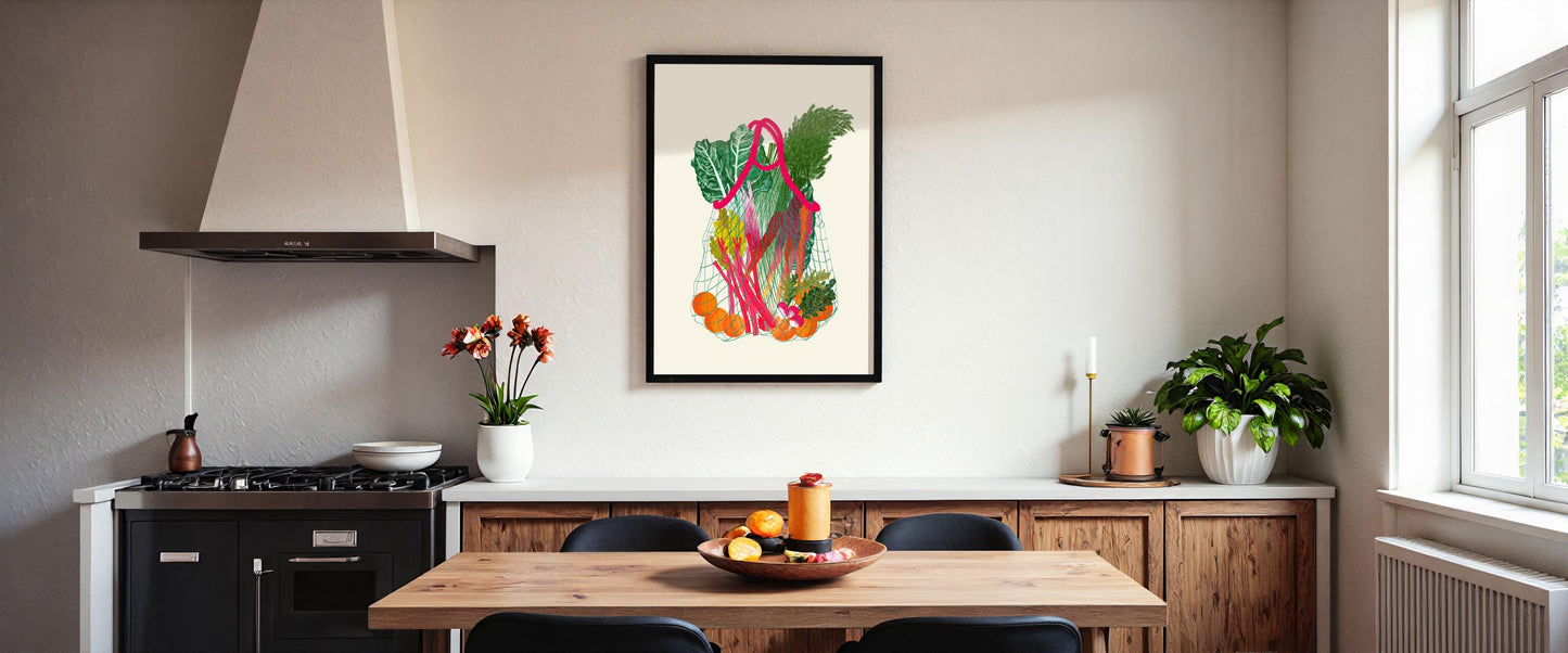 Pink Vegetable Shopping Bag Print: Retro Foodie Kitchen Art, Wall Art, Home decor, Poster